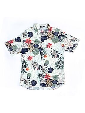 JOGAL Hawaiian Shirt Mens Large Aloha Monstera Floral Button Up Short Sleeve